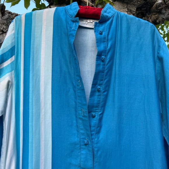 Vtg 70s Catherine Ogust Blue White Stripe Cotton Caftan Dress | Mandarin Collar - Picture 10 of 15